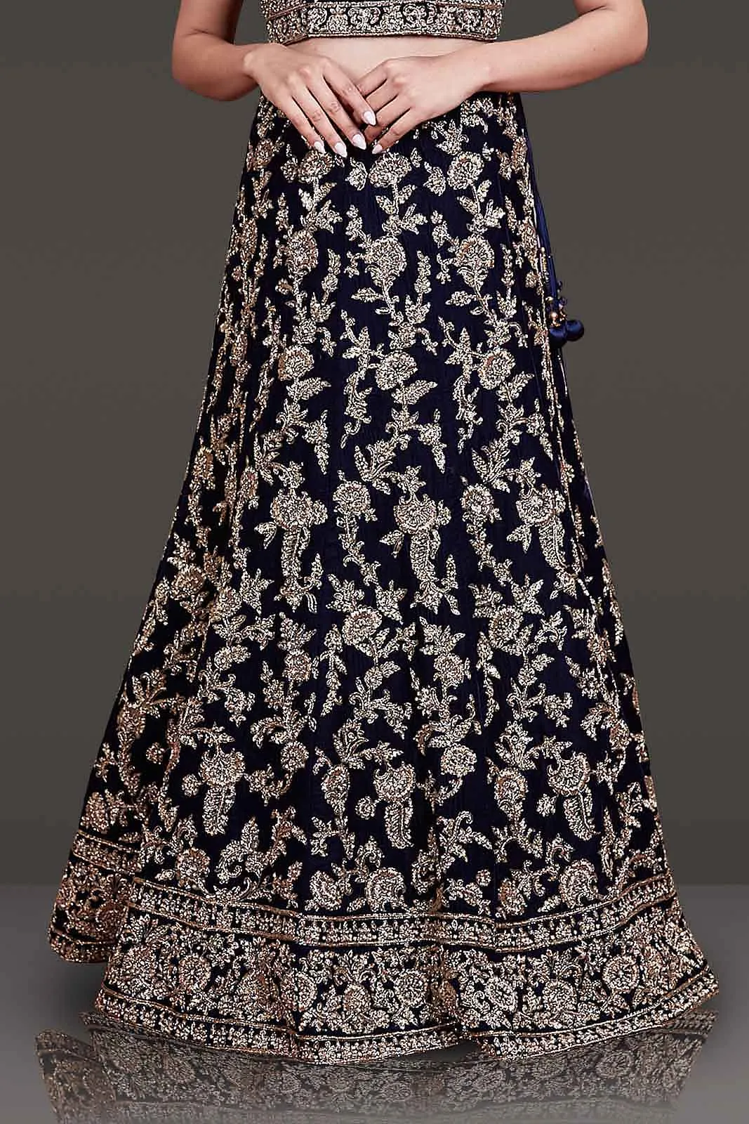 navy Bridal Outfit With Velvet Top And Net Dupatta