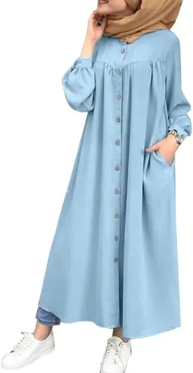 ODIZLI Women's Muslim Long Sleeve Button Down Abaya Casual Dress Dubai Outfits