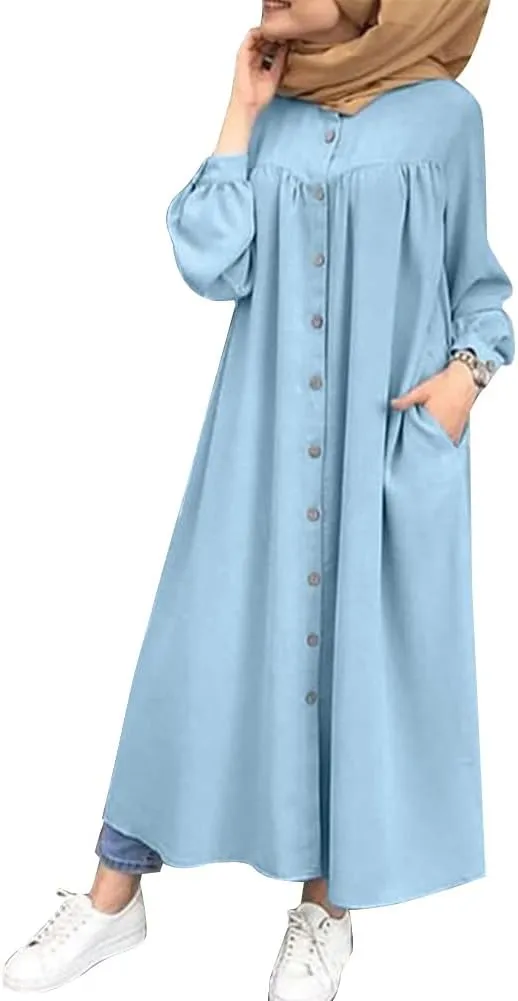 ODIZLI Women's Muslim Long Sleeve Button Down Abaya Casual Dress Dubai Outfits