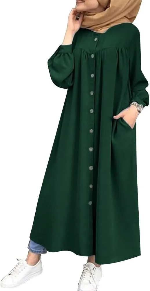 ODIZLI Women's Muslim Long Sleeve Button Down Abaya Casual Dress Dubai Outfits