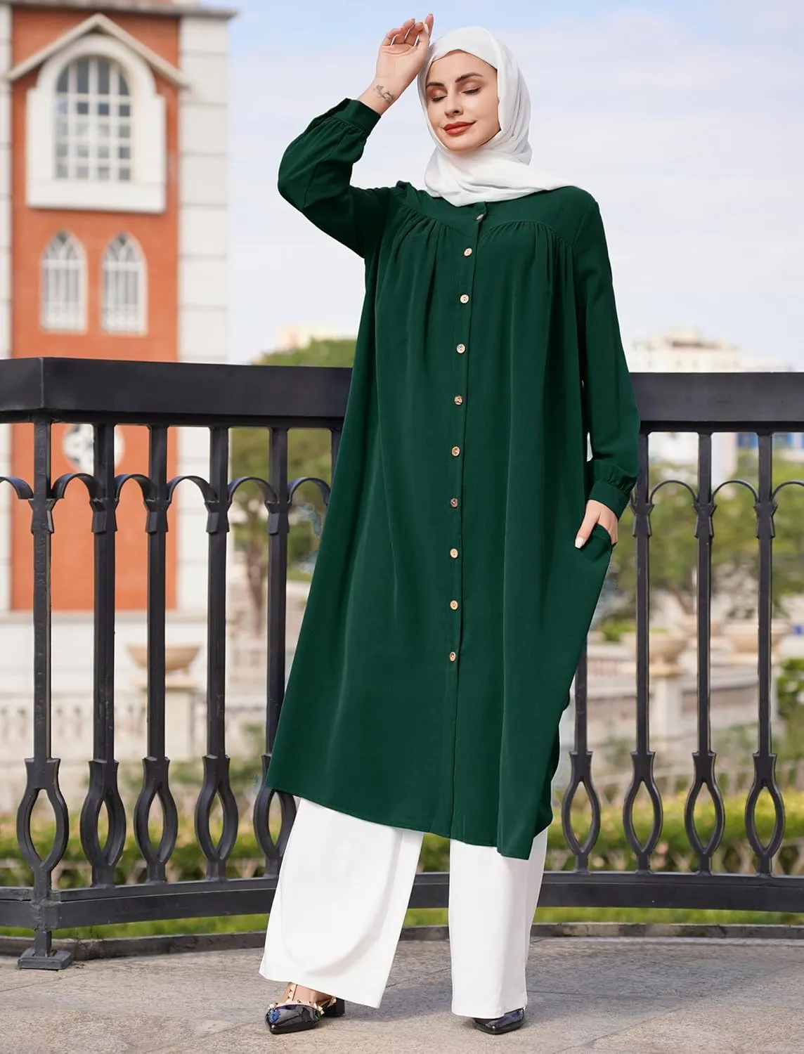 ODIZLI Women's Muslim Long Sleeve Button Down Abaya Casual Dress Dubai Outfits