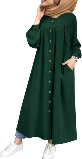 ODIZLI Women's Muslim Long Sleeve Button Down Abaya Casual Dress Dubai Outfits