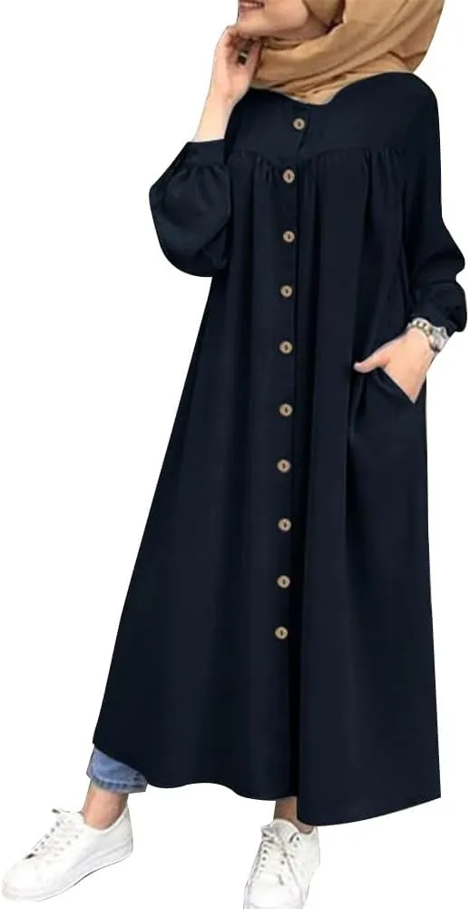 ODIZLI Women's Muslim Long Sleeve Button Down Abaya Casual Dress Dubai Outfits