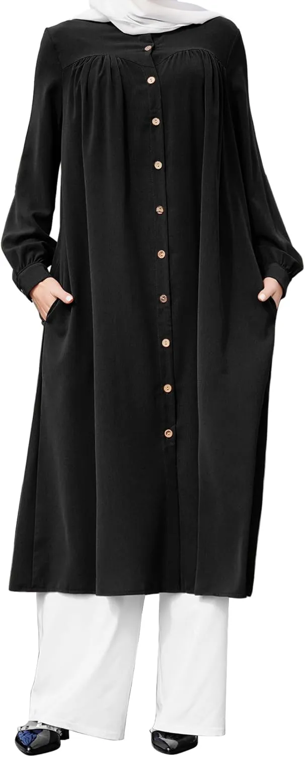 ODIZLI Women's Muslim Long Sleeve Button Down Abaya Casual Dress Dubai Outfits