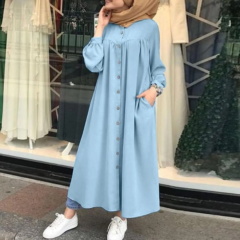 ODIZLI Women's Muslim Long Sleeve Button Down Abaya Casual Dress Dubai Outfits