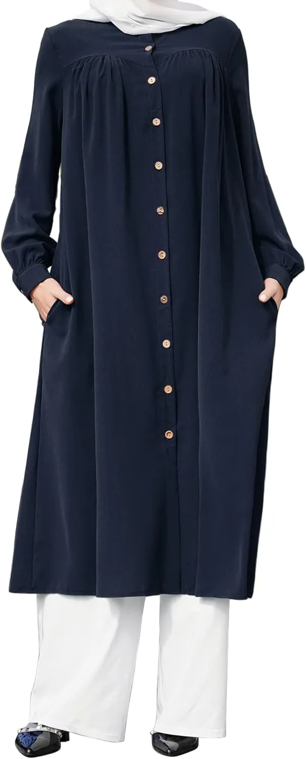 ODIZLI Women's Muslim Long Sleeve Button Down Abaya Casual Dress Dubai Outfits