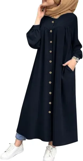 ODIZLI Women's Muslim Long Sleeve Button Down Abaya Casual Dress Dubai Outfits