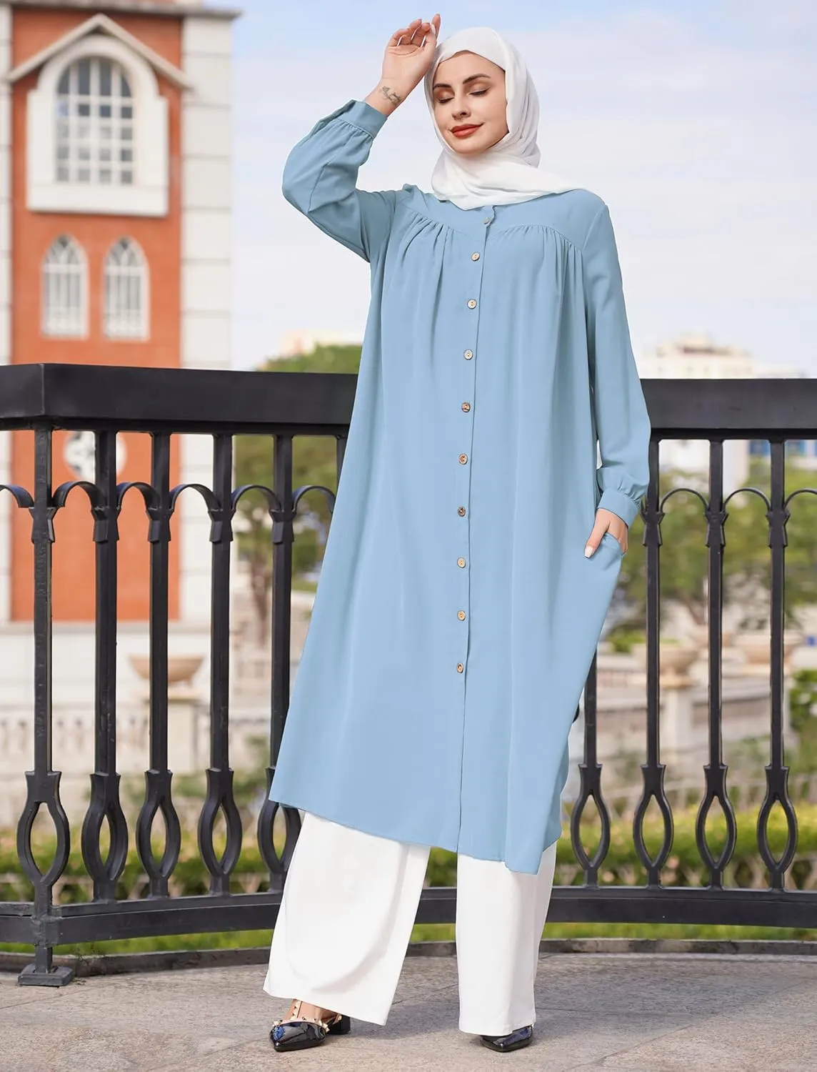 ODIZLI Women's Muslim Long Sleeve Button Down Abaya Casual Dress Dubai Outfits
