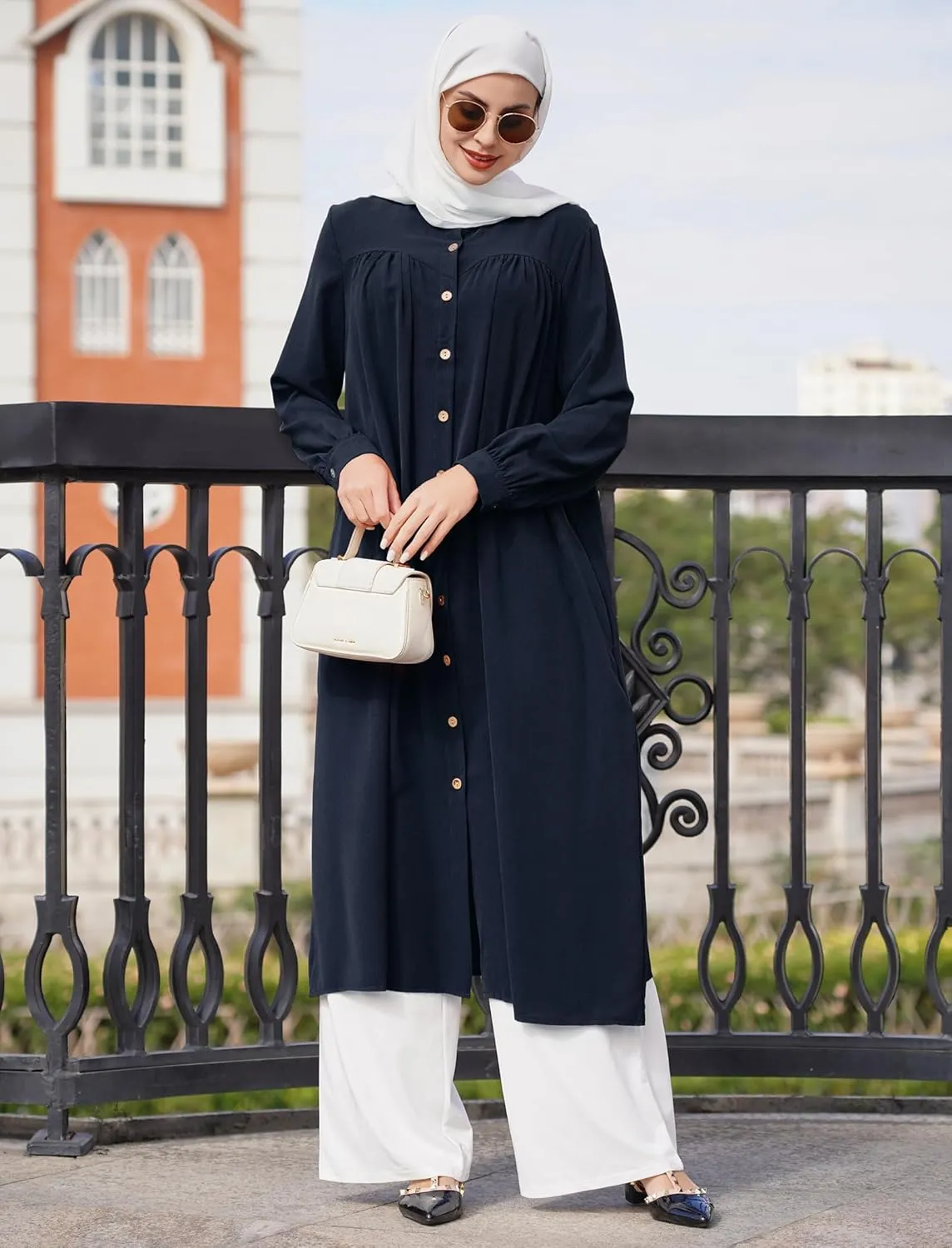 ODIZLI Women's Muslim Long Sleeve Button Down Abaya Casual Dress Dubai Outfits