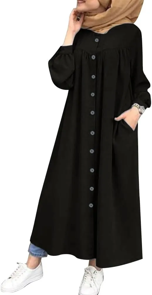 ODIZLI Women's Muslim Long Sleeve Button Down Abaya Casual Dress Dubai Outfits