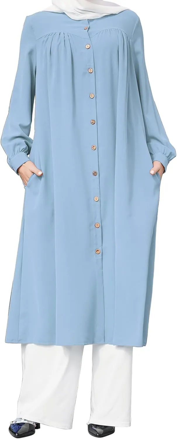 ODIZLI Women's Muslim Long Sleeve Button Down Abaya Casual Dress Dubai Outfits