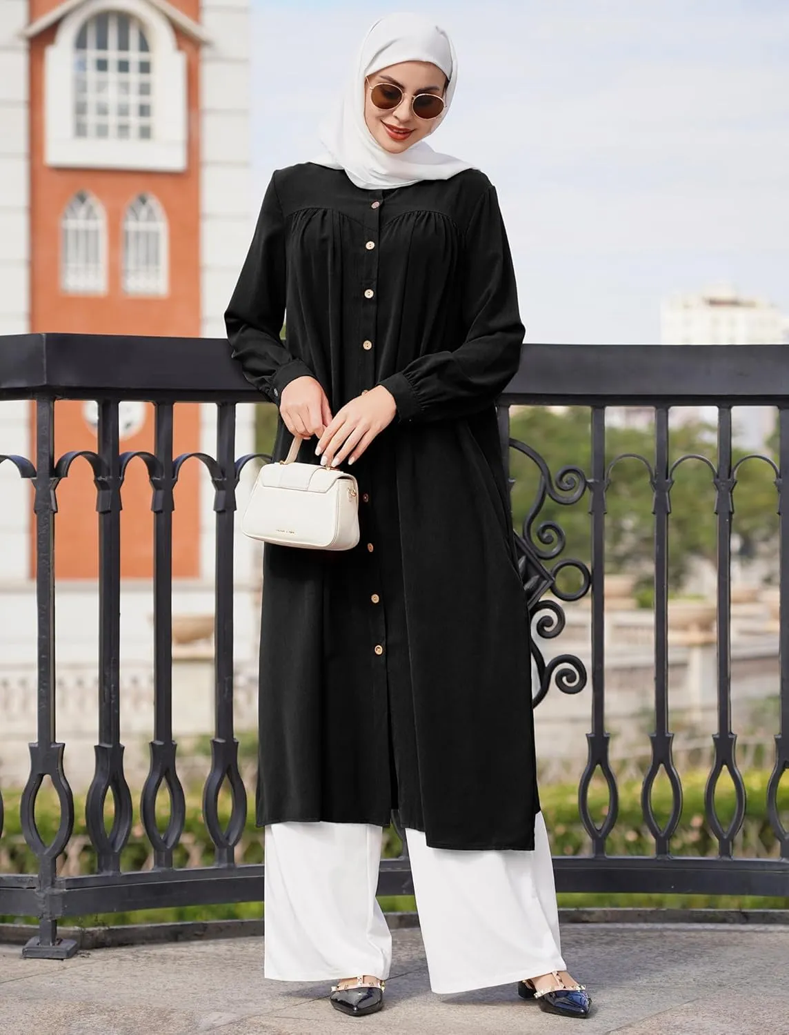 ODIZLI Women's Muslim Long Sleeve Button Down Abaya Casual Dress Dubai Outfits