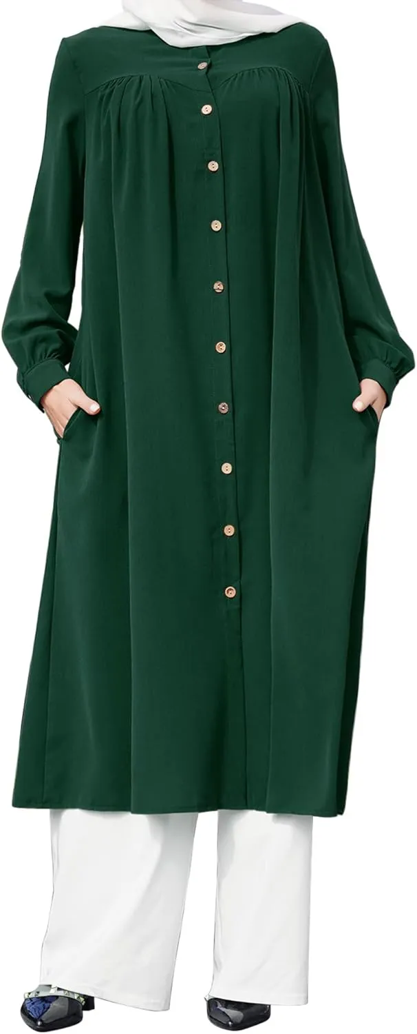 ODIZLI Women's Muslim Long Sleeve Button Down Abaya Casual Dress Dubai Outfits