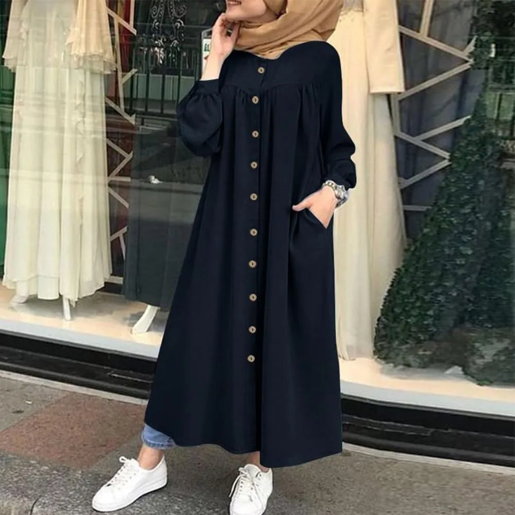 ODIZLI Women's Muslim Long Sleeve Button Down Abaya Casual Dress Dubai Outfits