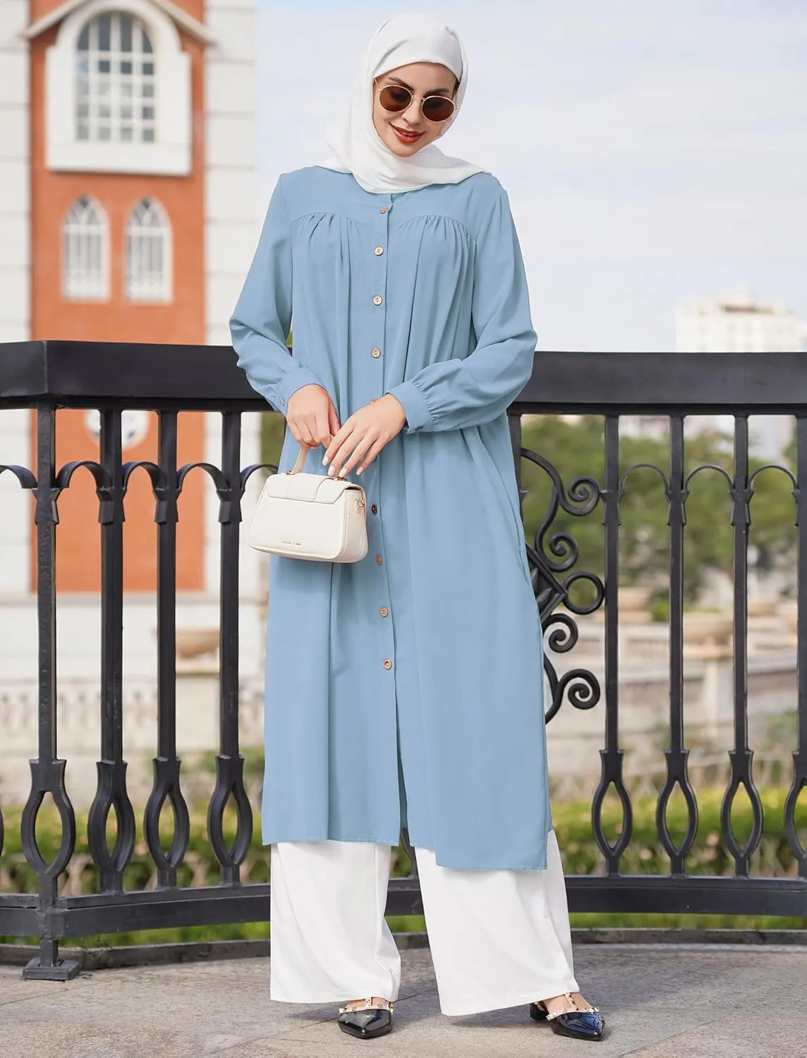 ODIZLI Women's Muslim Long Sleeve Button Down Abaya Casual Dress Dubai Outfits