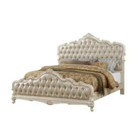Ophelia Queen Bed, Rose Gold Faux Leather & Pearl White