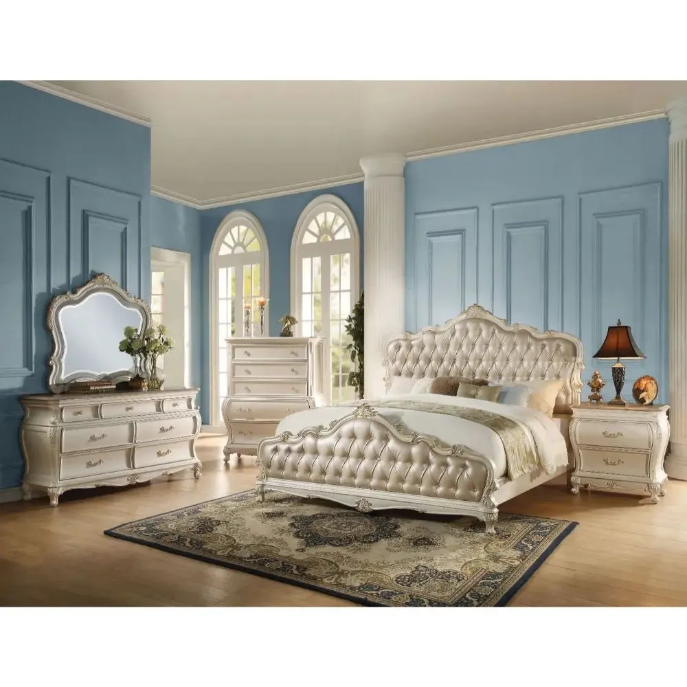 Ophelia Queen Bed, Rose Gold Faux Leather & Pearl White