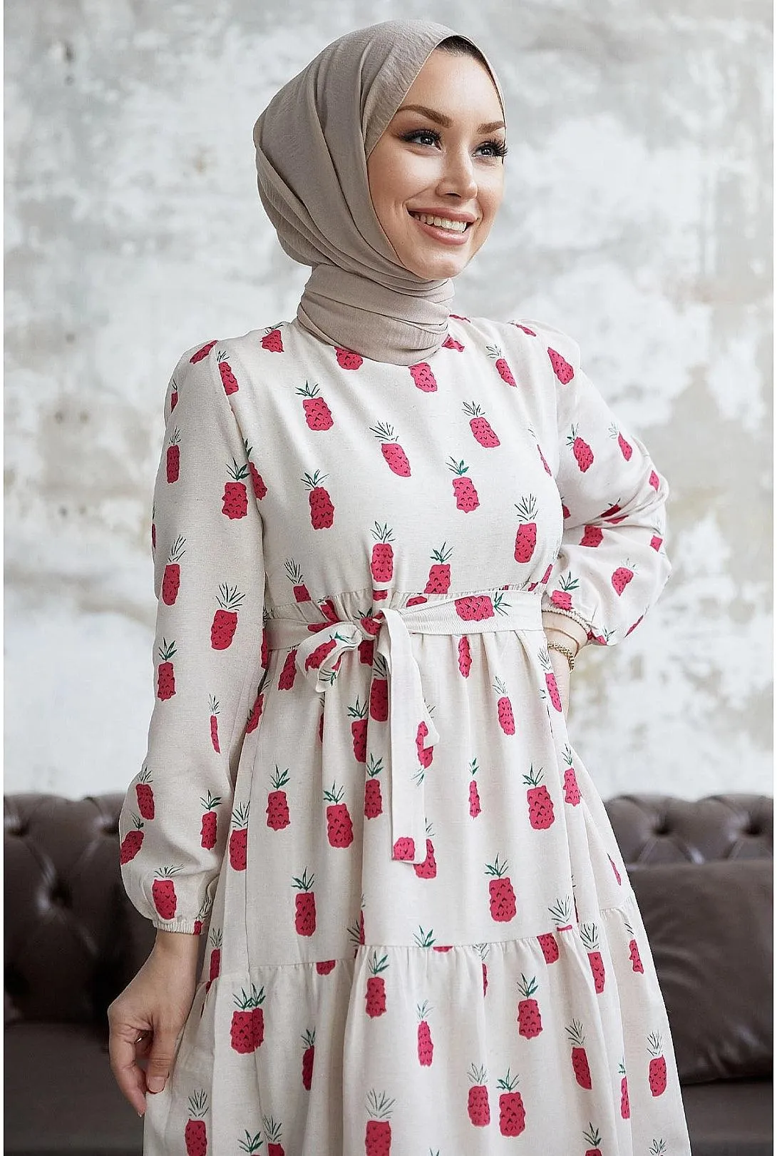 Pineapple Pattern Turkish Abaya Dress for Women