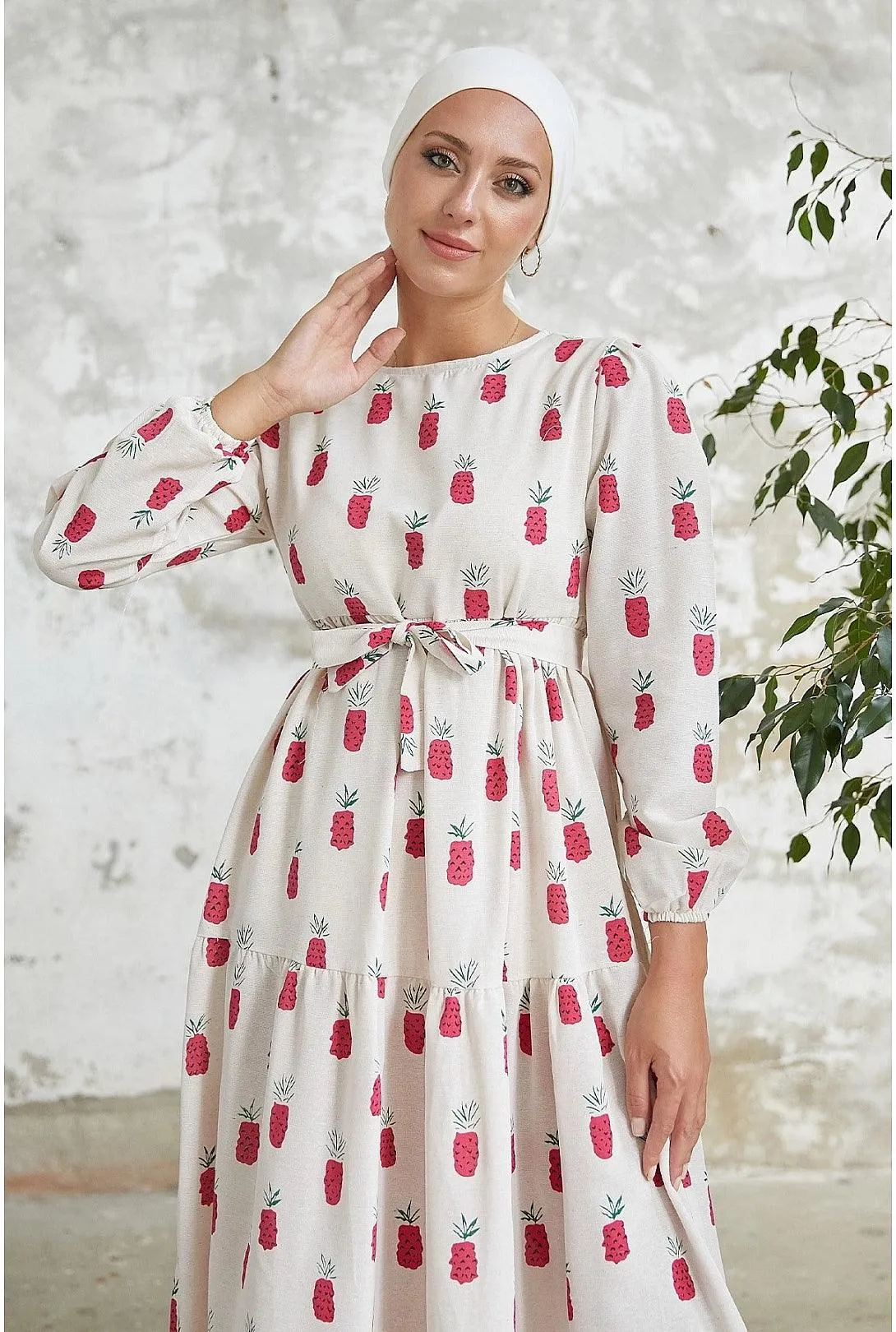 Pineapple Pattern Turkish Abaya Dress for Women