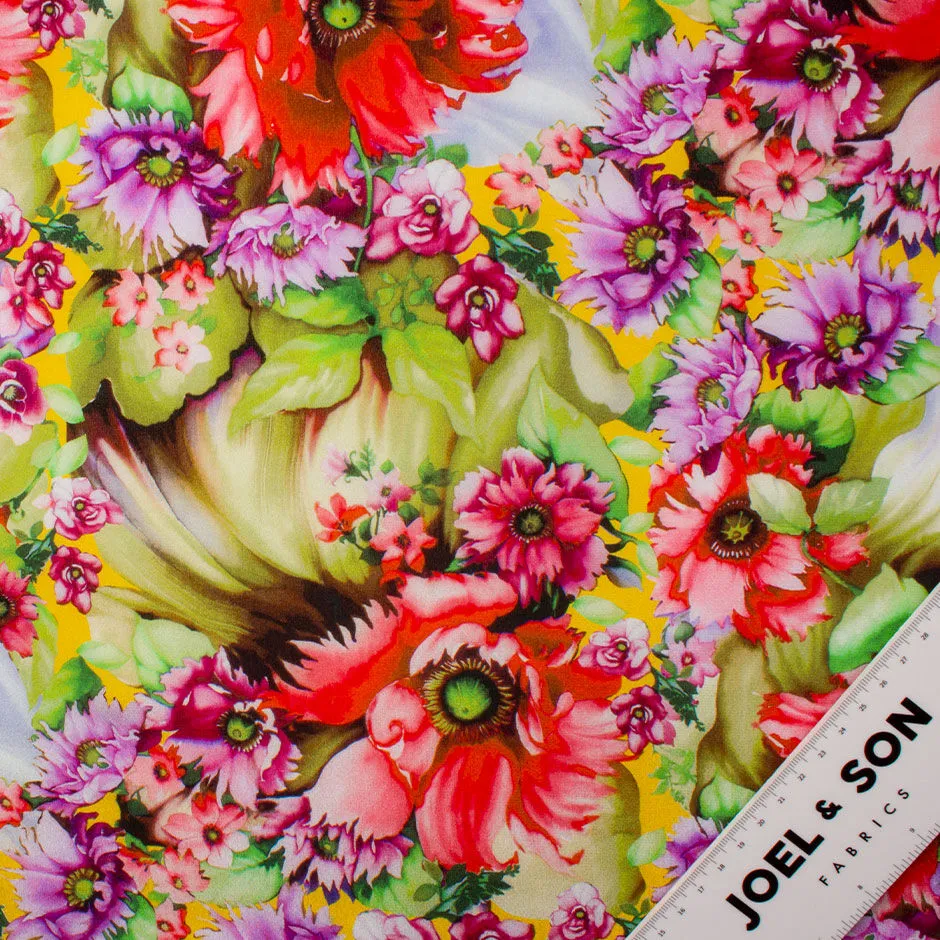 Pink & Red Floral Printed Yellow Silk Crêpe de Chine Fabric