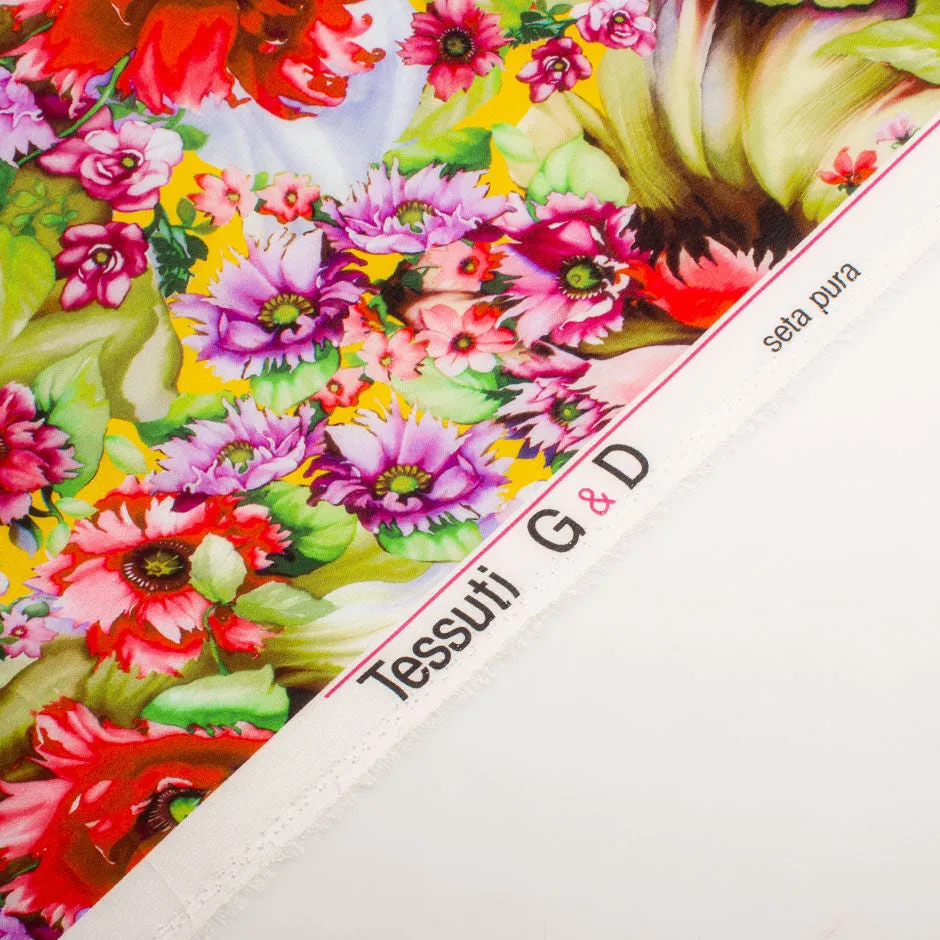 Pink & Red Floral Printed Yellow Silk Crêpe de Chine Fabric