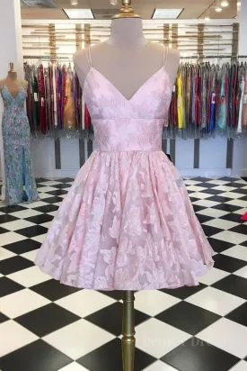 Pink v neck lace short prom dress pink lace homecoming dress