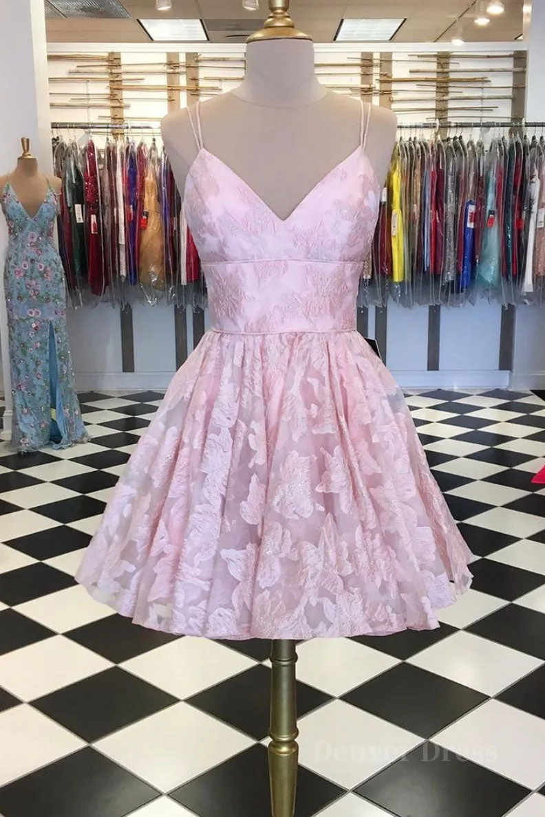 Pink v neck lace short prom dress pink lace homecoming dress