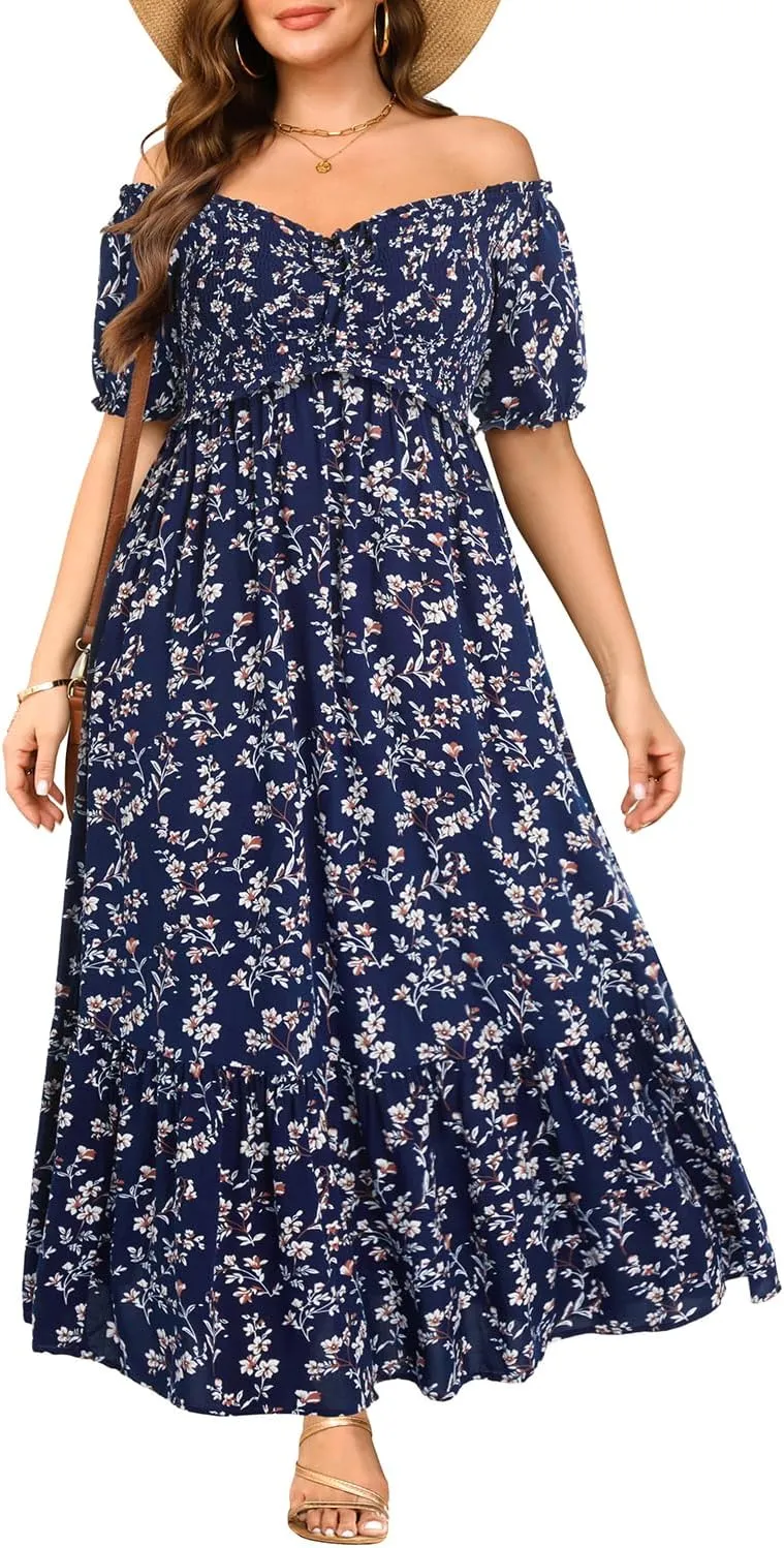 Plus Size Sun Dresses Women - Summer Off The Shoulder Puff Sleeve A Line Boho Maxi Flow Long Dress 2025