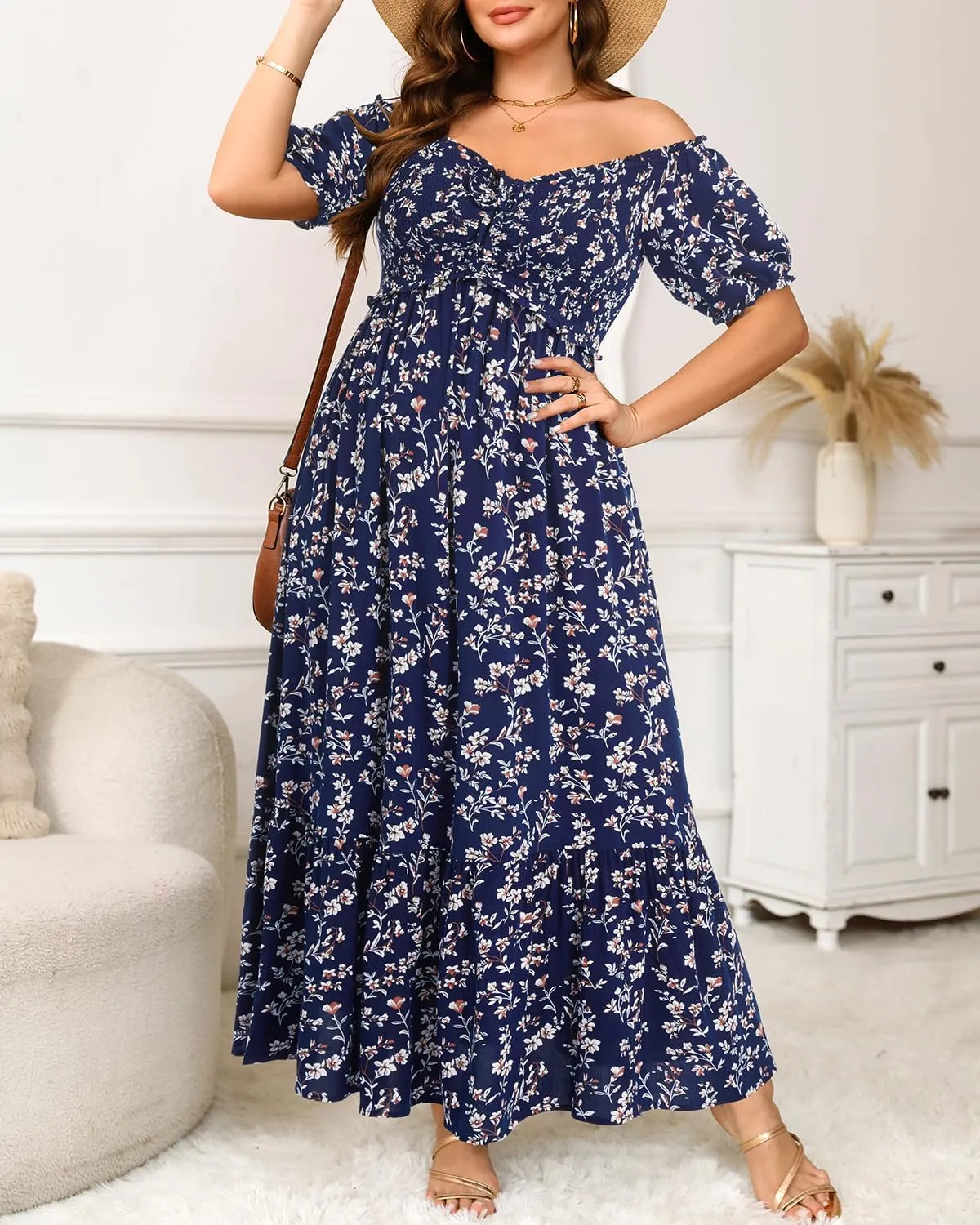Plus Size Sun Dresses Women - Summer Off The Shoulder Puff Sleeve A Line Boho Maxi Flow Long Dress 2025