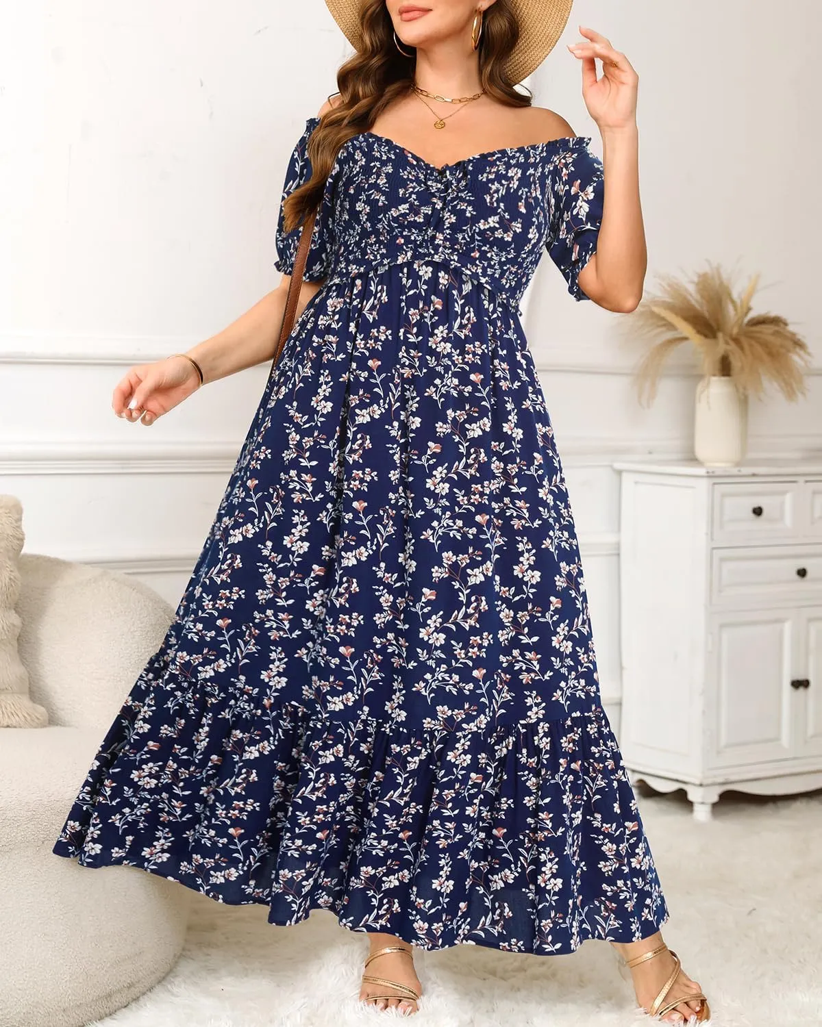 Plus Size Sun Dresses Women - Summer Off The Shoulder Puff Sleeve A Line Boho Maxi Flow Long Dress 2025