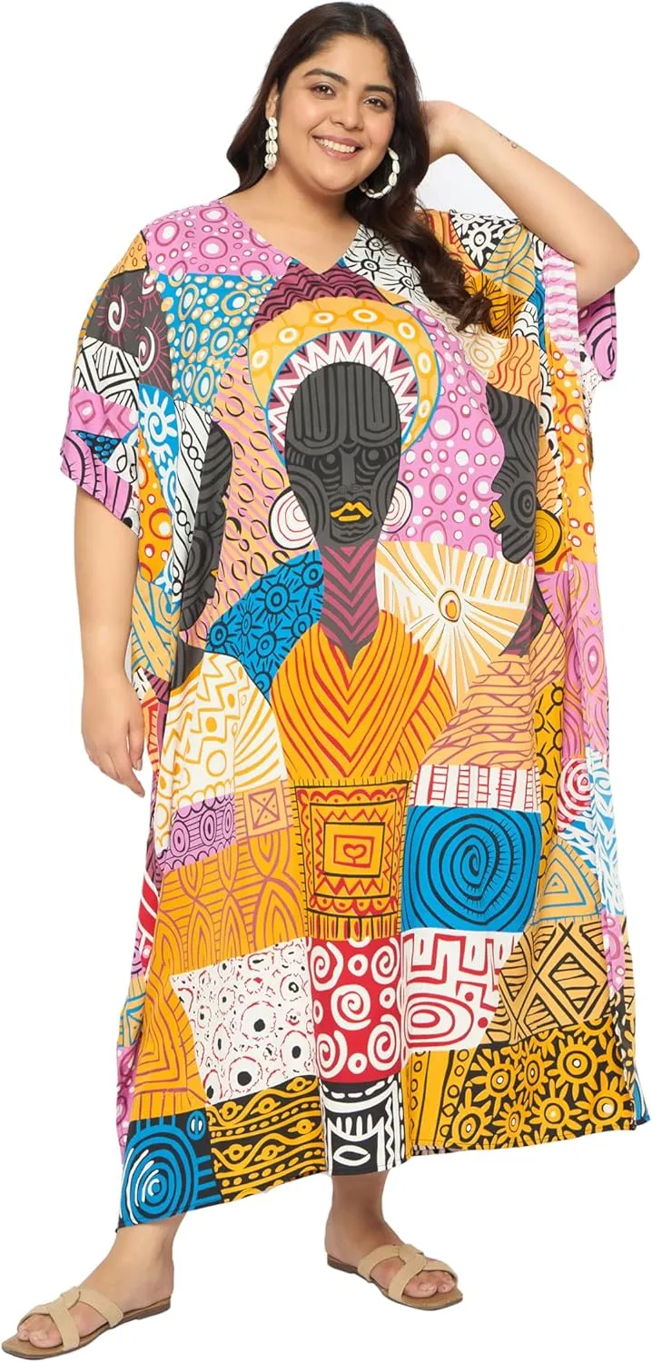 Plus Size Women Kaftan Dress Kimono Sleeve Casual Maxi Dresses Beach Cover Up for Ladies