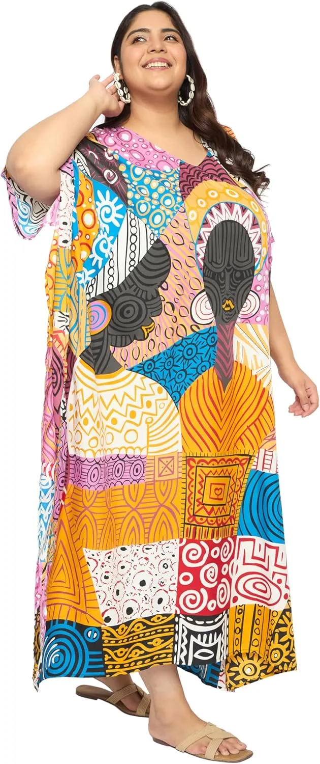 Plus Size Women Kaftan Dress Kimono Sleeve Casual Maxi Dresses Beach Cover Up for Ladies