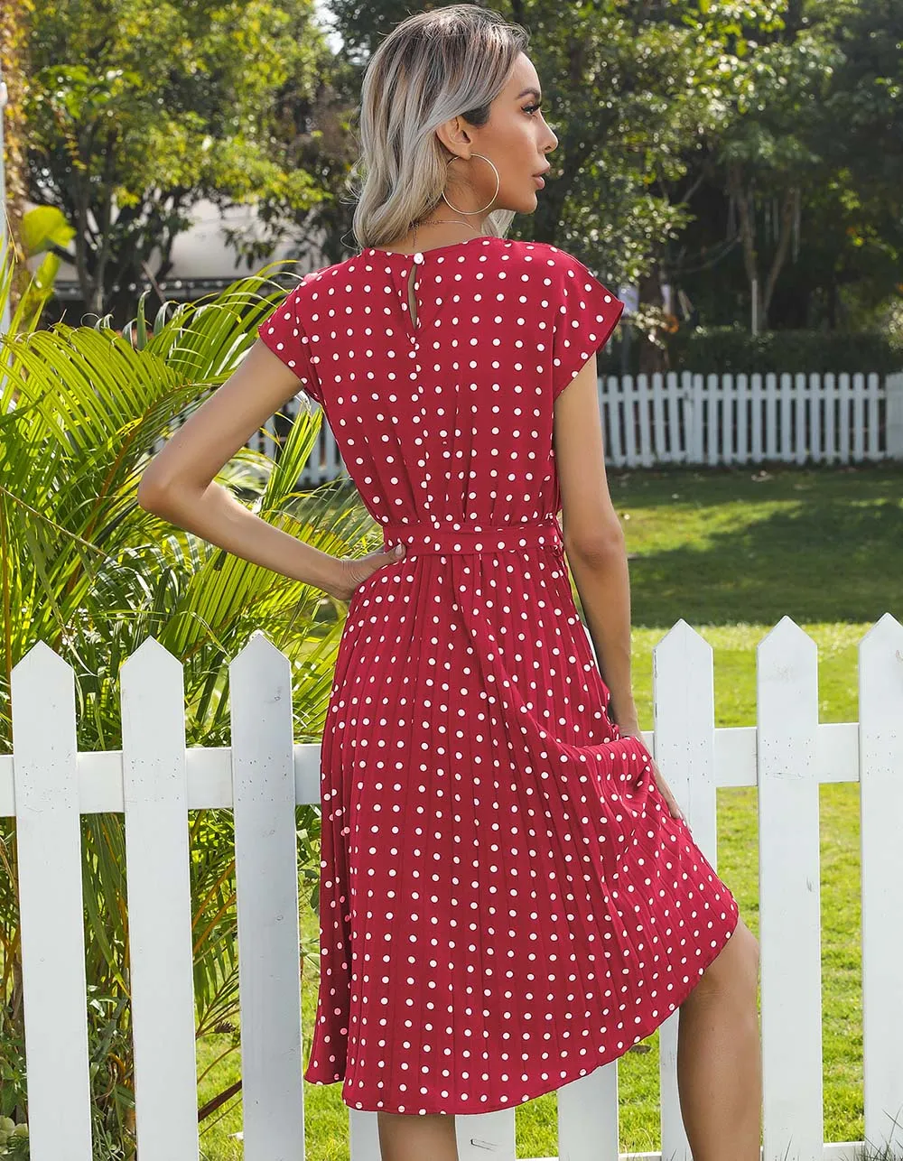 Polka Dot Print Round Neck Short Sleeve Midi A Line Dresses
