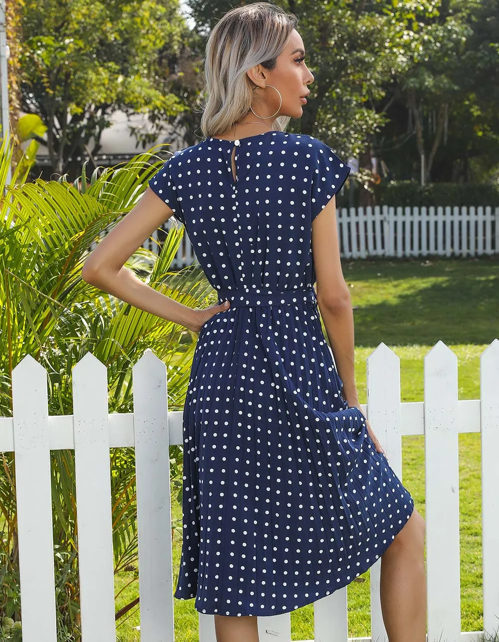 Polka Dot Print Round Neck Short Sleeve Midi A Line Dresses