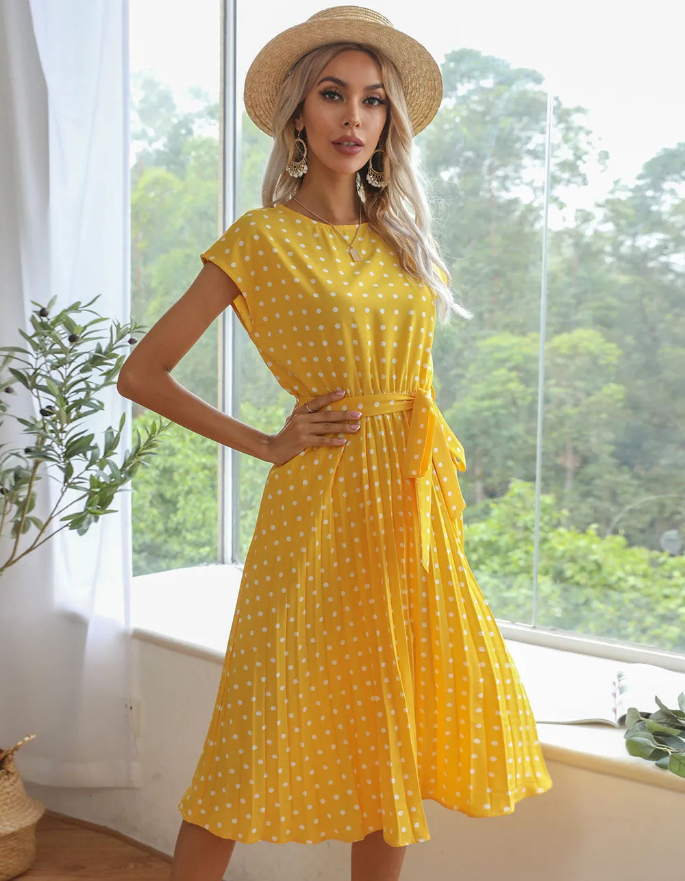 Polka Dot Print Round Neck Short Sleeve Midi A Line Dresses