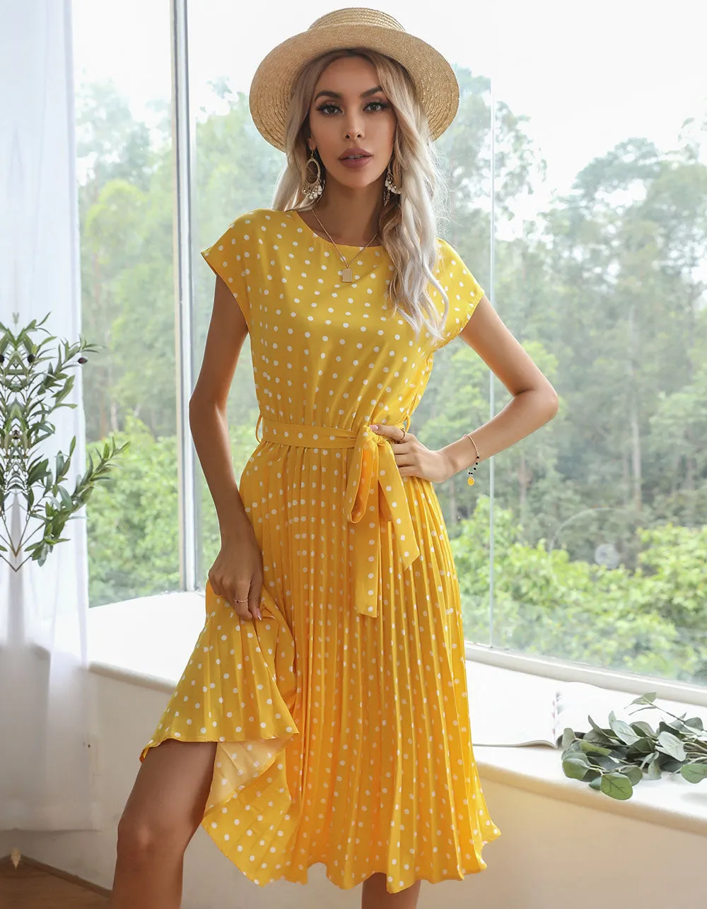 Polka Dot Print Round Neck Short Sleeve Midi A Line Dresses