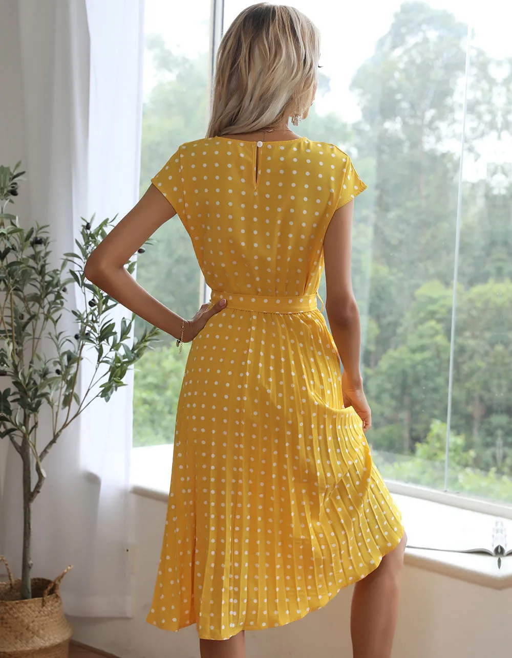 Polka Dot Print Round Neck Short Sleeve Midi A Line Dresses