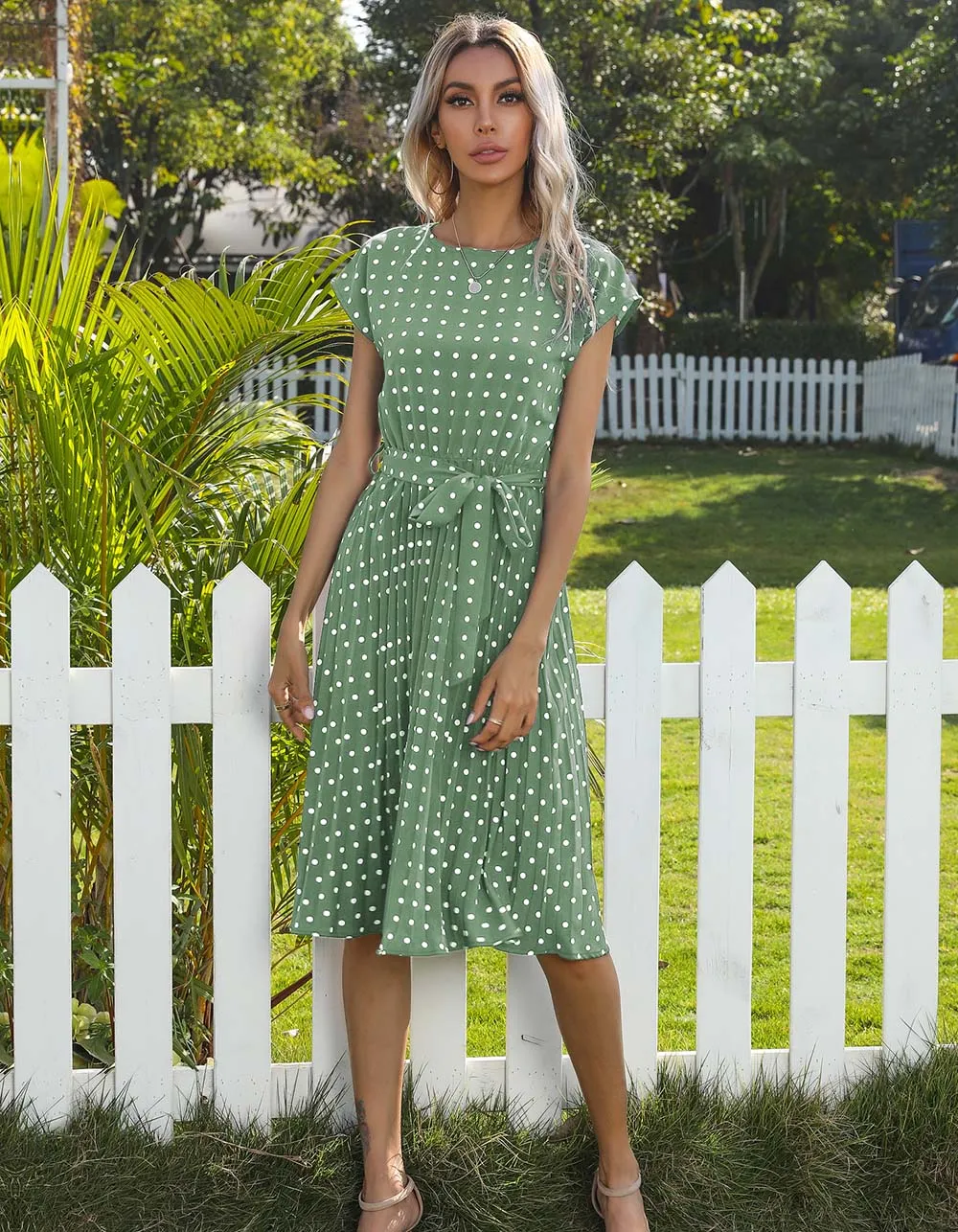 Polka Dot Print Round Neck Short Sleeve Midi A Line Dresses