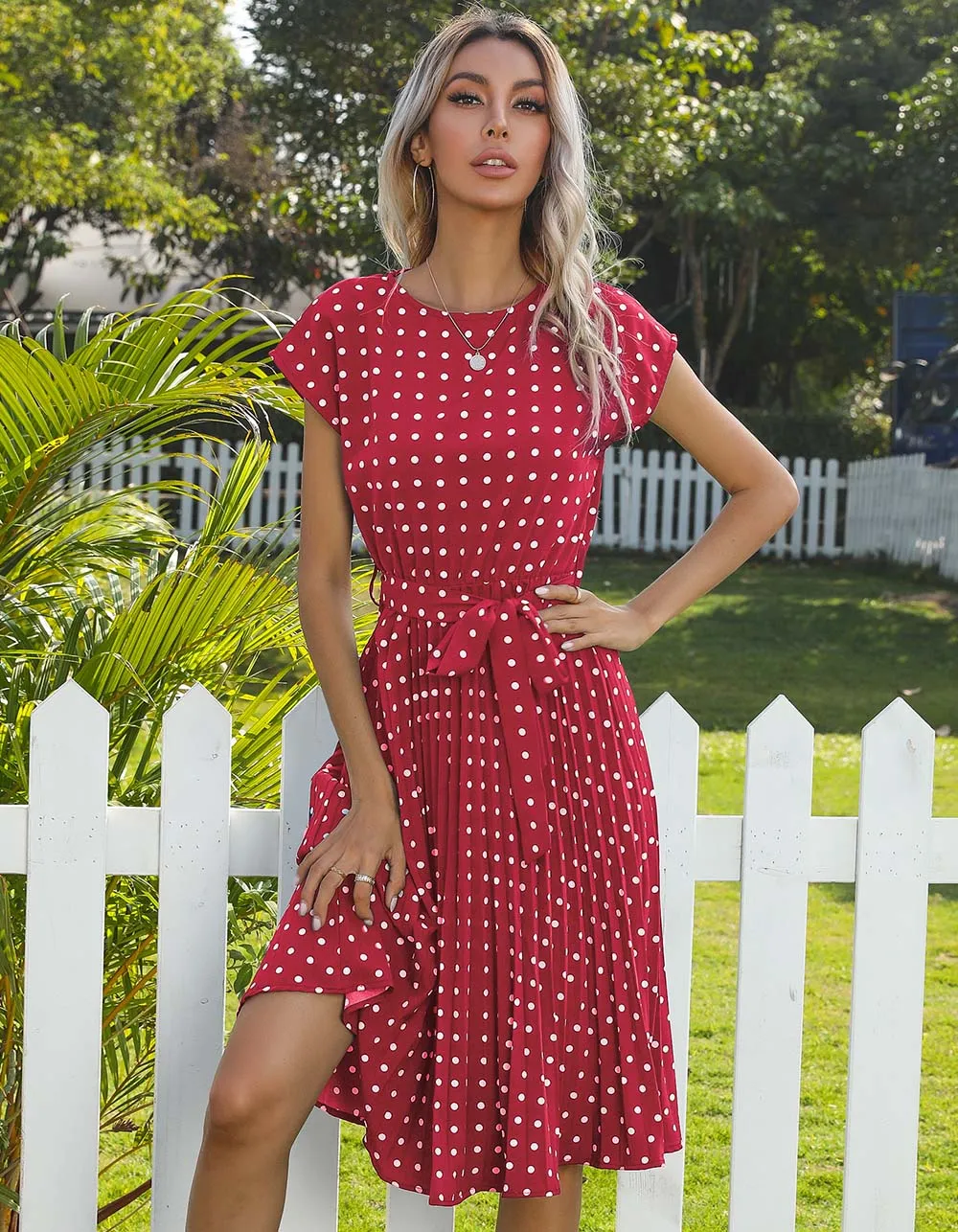 Polka Dot Print Round Neck Short Sleeve Midi A Line Dresses
