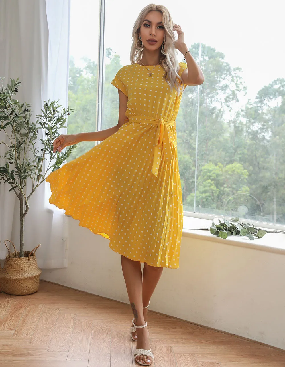 Polka Dot Print Round Neck Short Sleeve Midi A Line Dresses