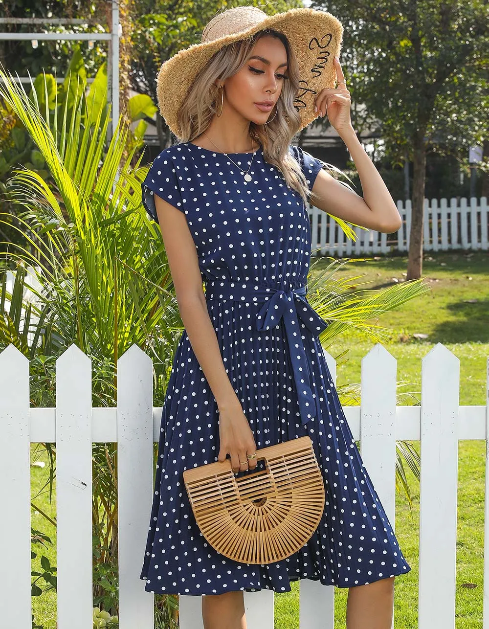 Polka Dot Print Round Neck Short Sleeve Midi A Line Dresses