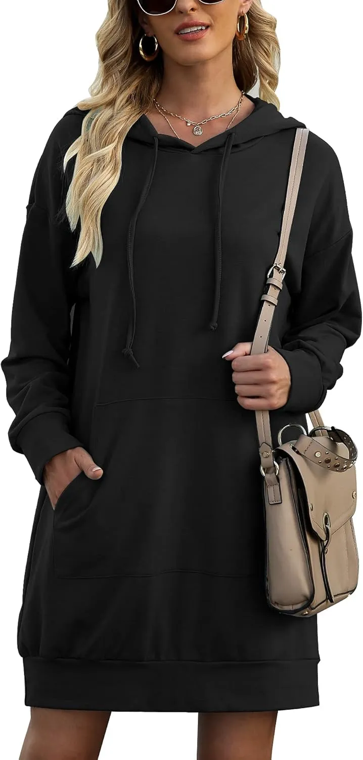Quenteen Women Hoodies Dress Hooded Sweatshirts Dress Casual Long Sleeve Tunic Dress Oversized Sweatshirts with Pocket