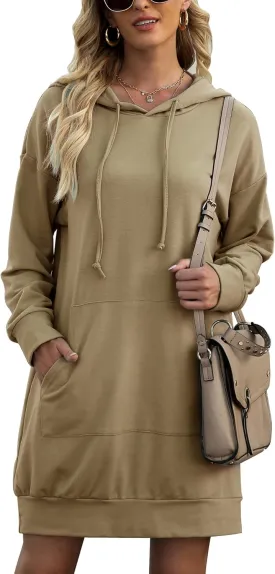 Quenteen Women Hoodies Dress Hooded Sweatshirts Dress Casual Long Sleeve Tunic Dress Oversized Sweatshirts with Pocket