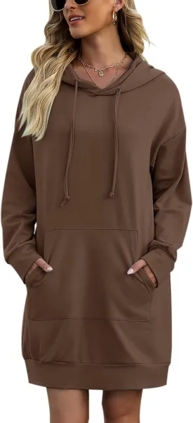 Quenteen Women Hoodies Dress Hooded Sweatshirts Dress Casual Long Sleeve Tunic Dress Oversized Sweatshirts with Pocket