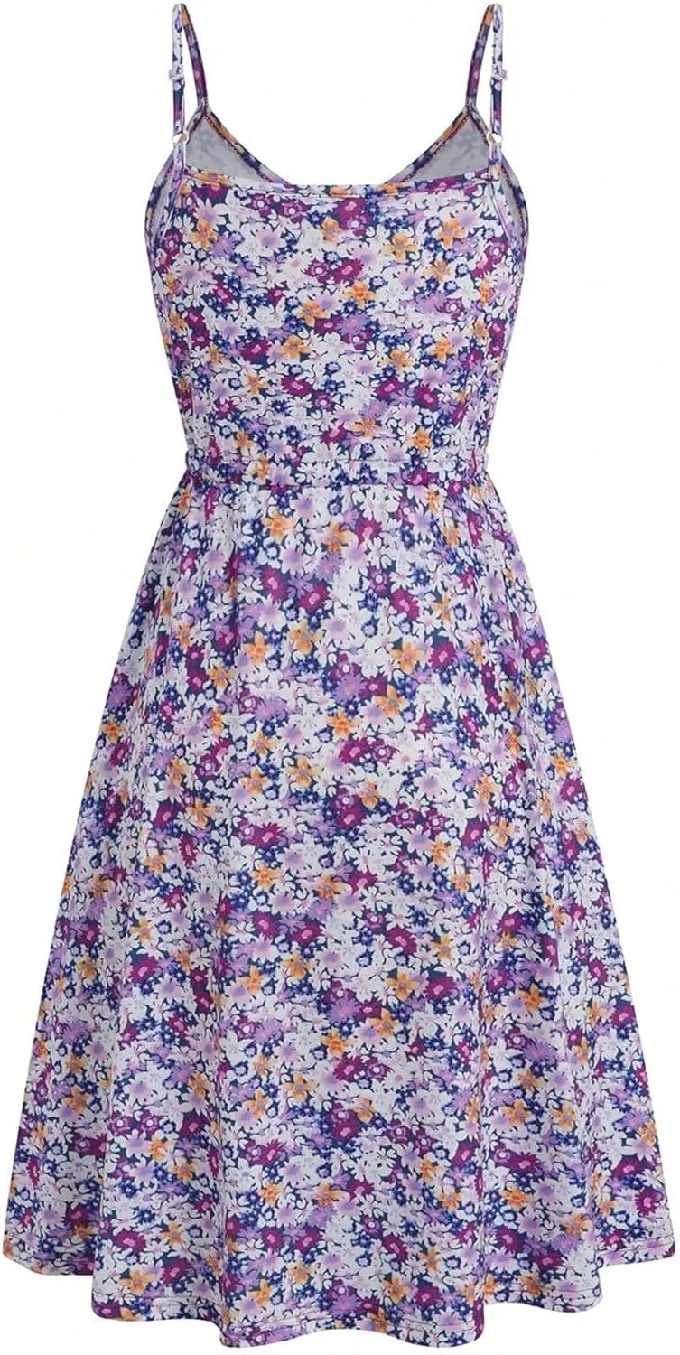 RASNEY Women's Dress Floral Print Belted Cami Dress with V Neck and High Waist Dress IPADSA