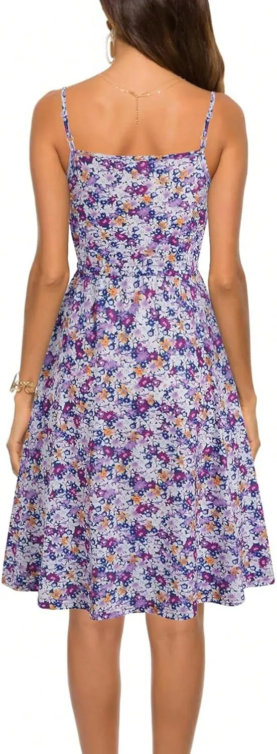 RASNEY Women's Dress Floral Print Belted Cami Dress with V Neck and High Waist Dress IPADSA