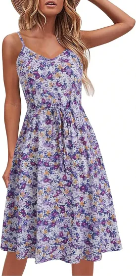 RASNEY Women's Dress Floral Print Belted Cami Dress with V Neck and High Waist Dress IPADSA