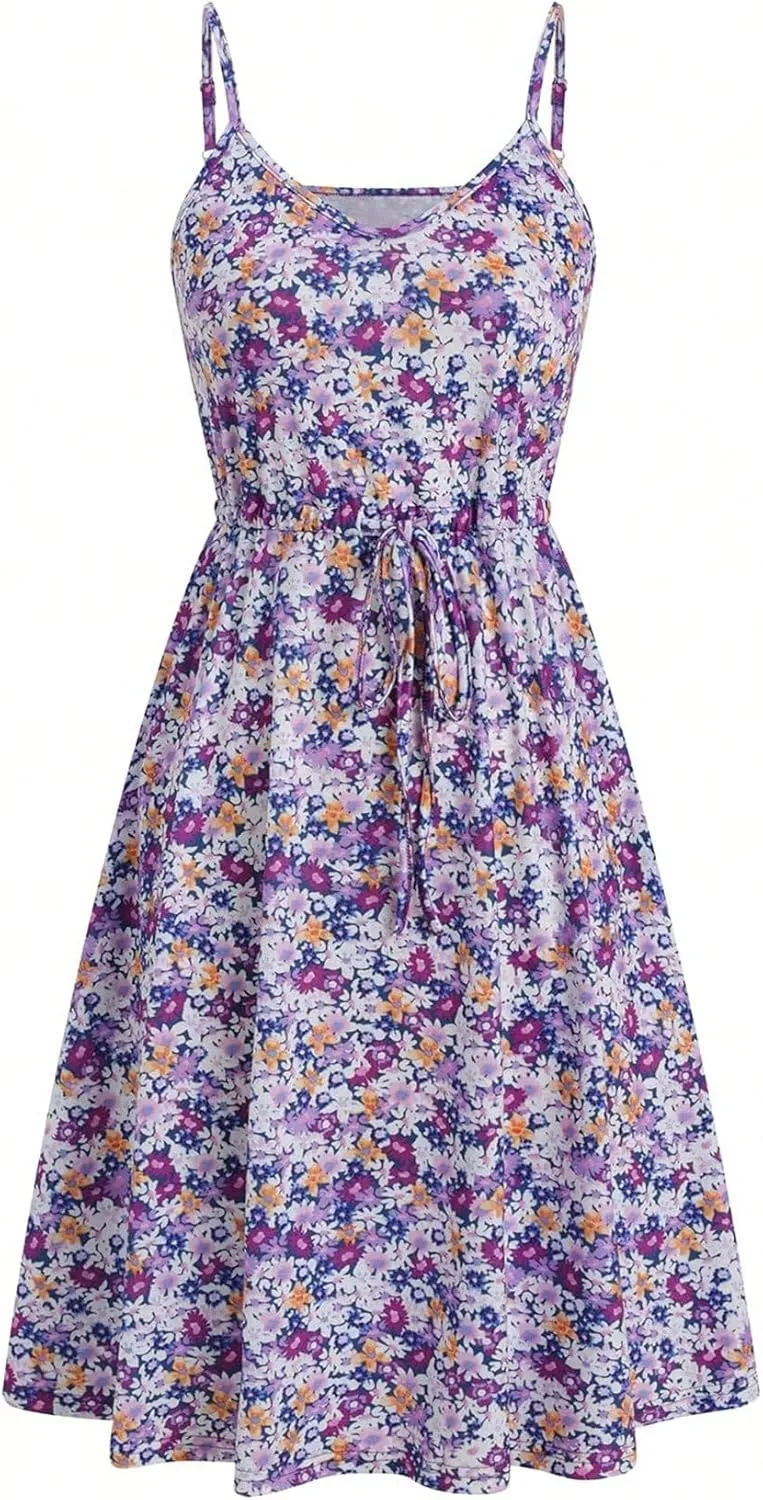 RASNEY Women's Dress Floral Print Belted Cami Dress with V Neck and High Waist Dress IPADSA