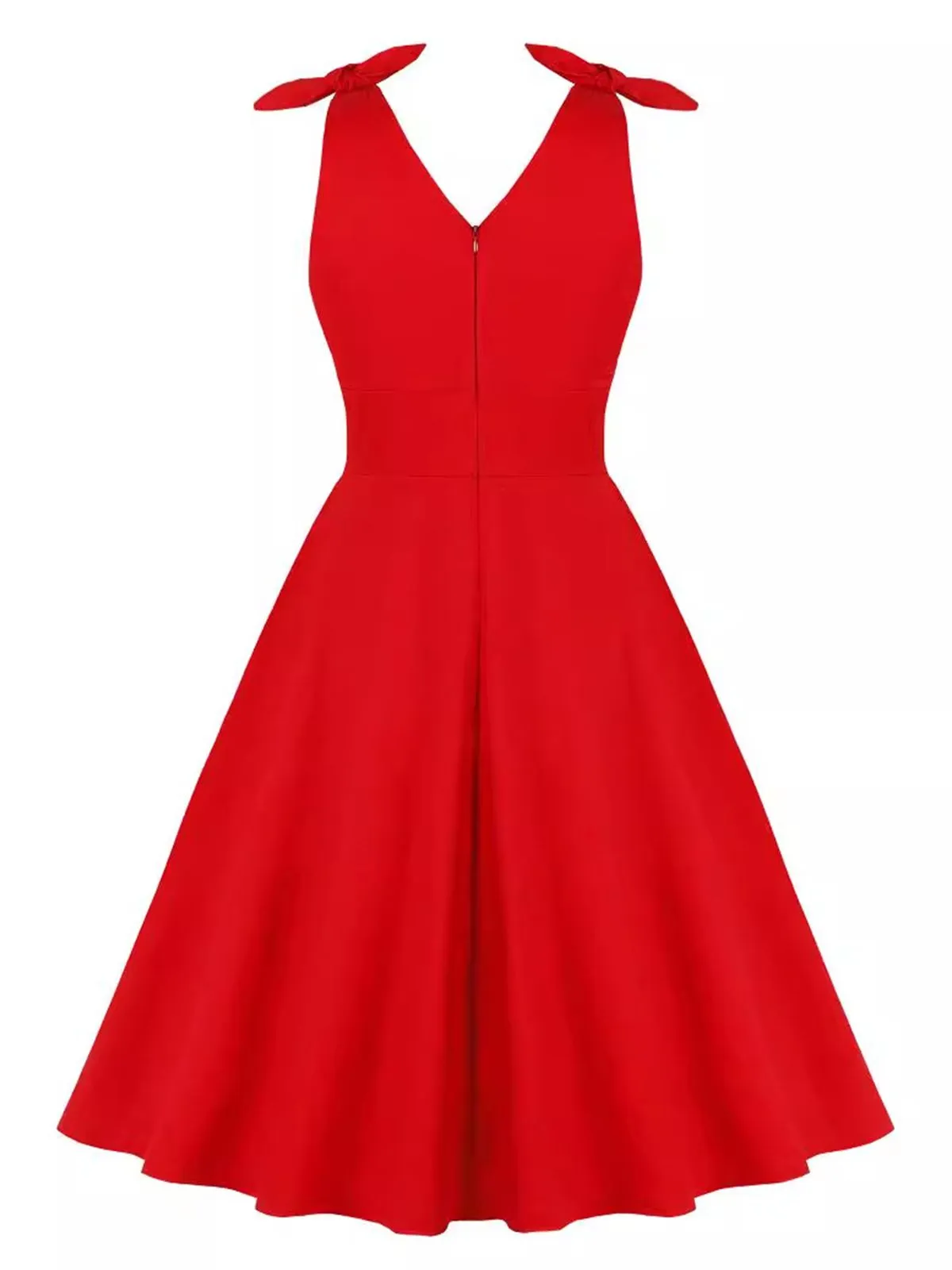 Red 1950s V-Neck Sleeveless Solid Dress