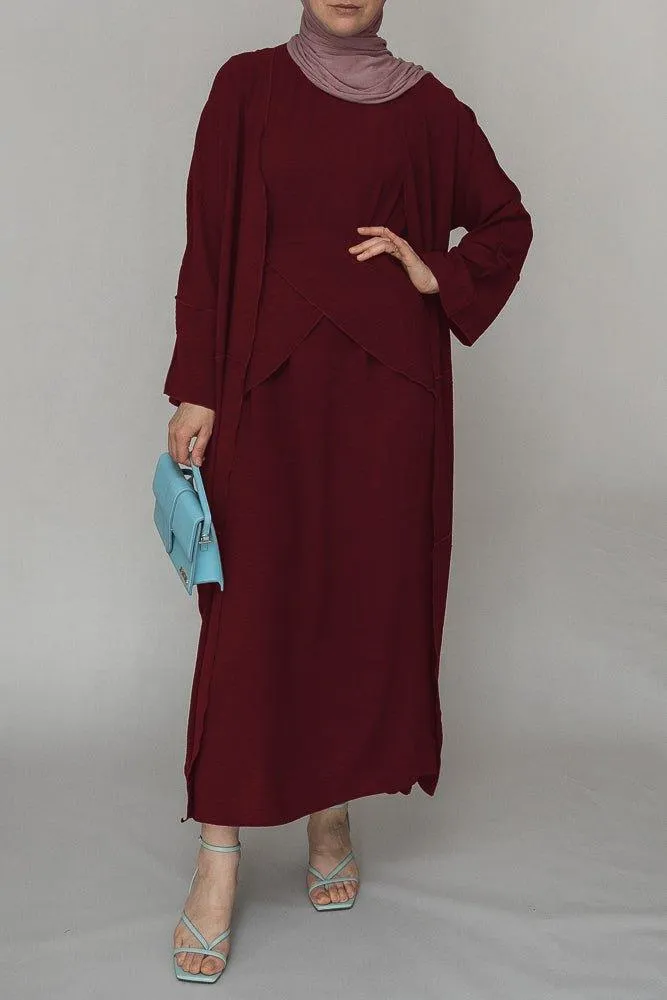 Red three piece maxi abaya with apron and inside out stitching